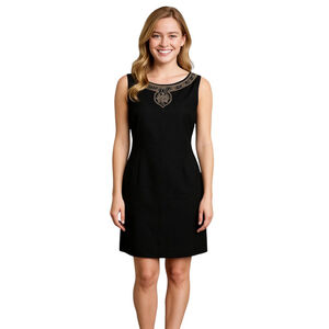 VTG 80s 90s Jessica Howard Sheath Dress 12 Black Linen Sleeveless Embroidered
